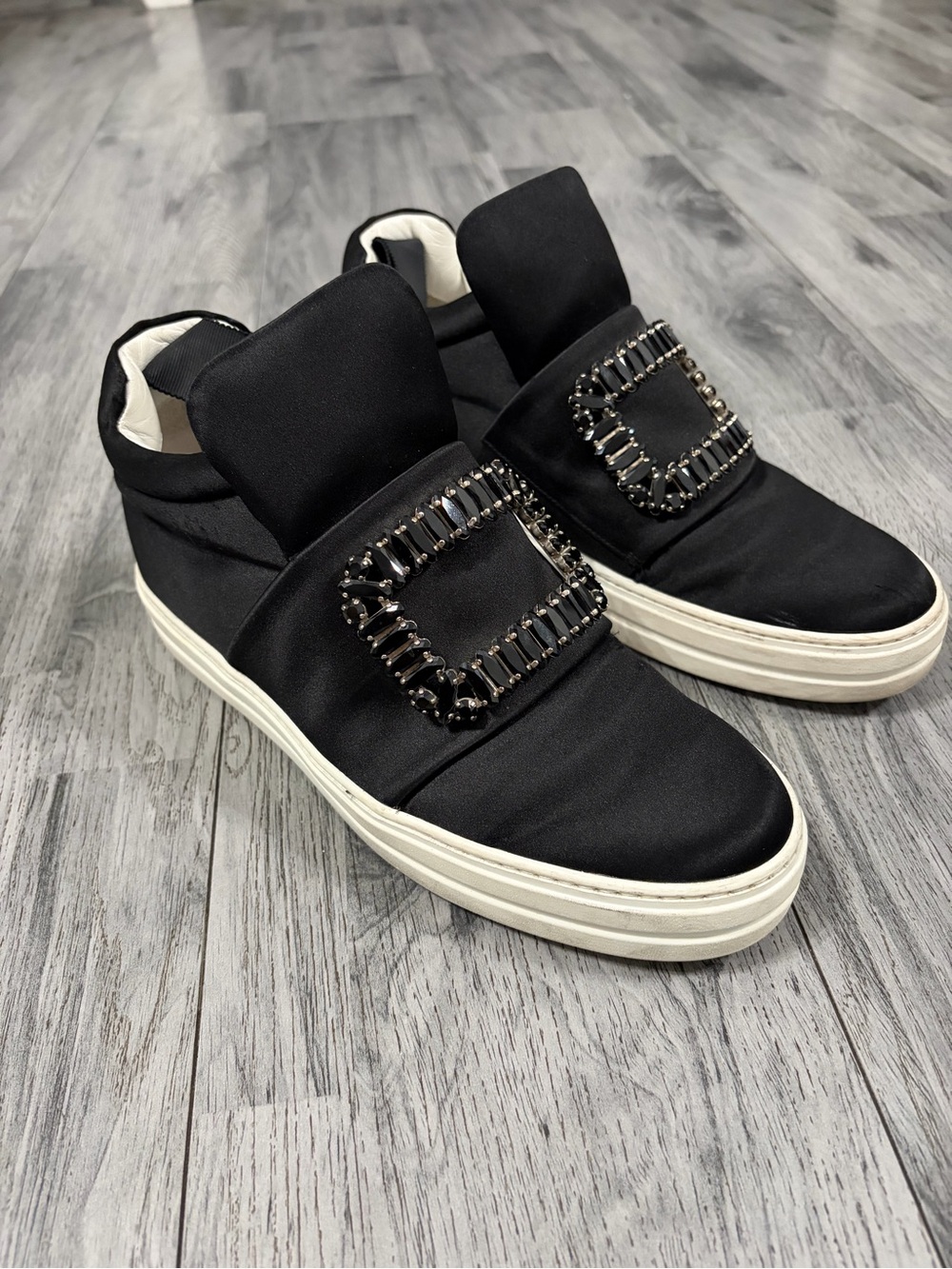 Roger Vivier Black Satin and White Leather Slip-On Sneaker